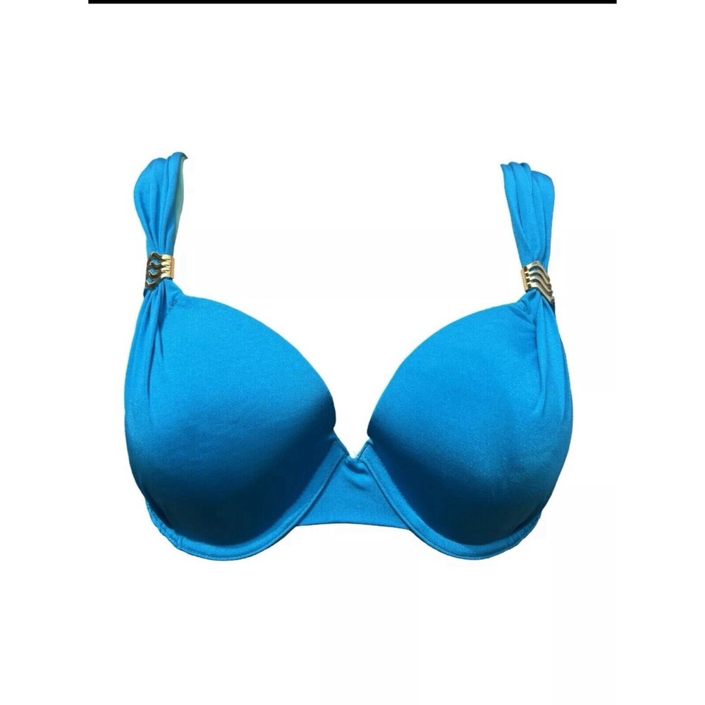 a.che Women’s Blue Double Strap Swimsuit Bikini Top Gold Accents Swimwear T8